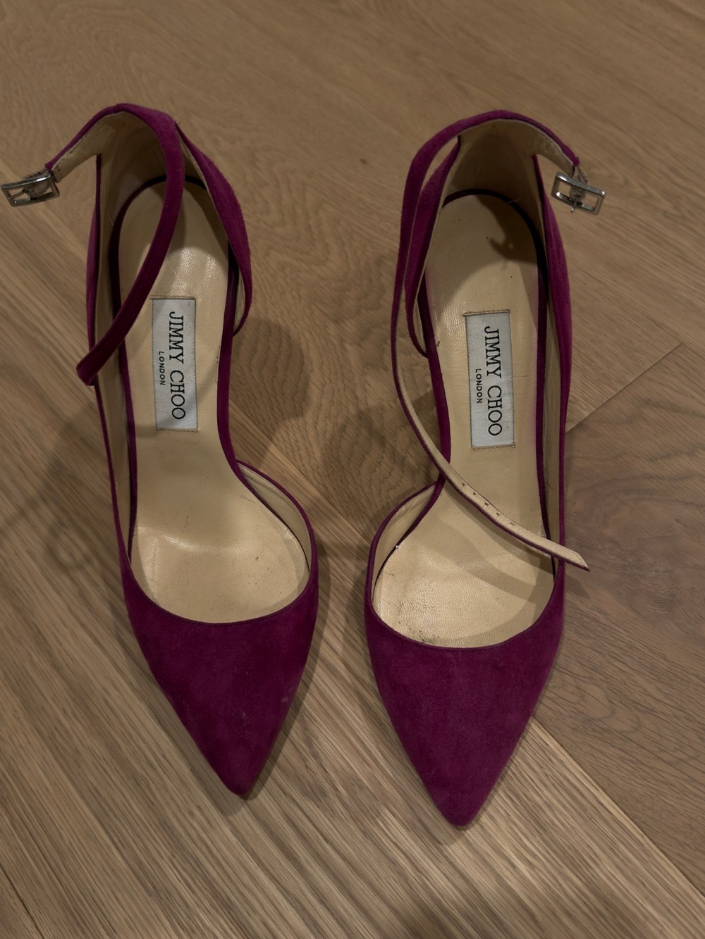 Jimmy Choo Lucy 100 Women's Suede Pointed Toe Ankle Strap Pumps in Plum